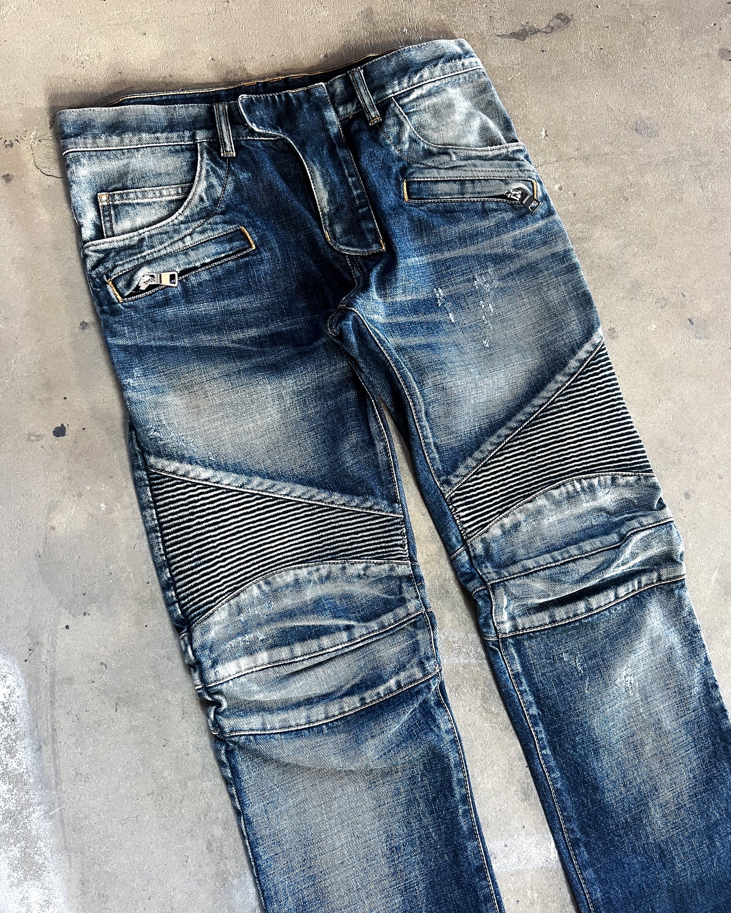 F/W14 DISTRESSED BLUE BIKER DENIM