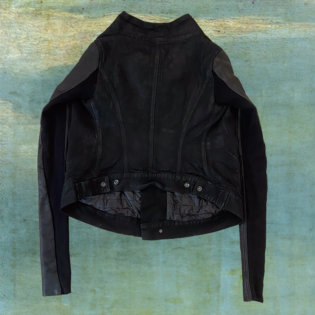 RICK OWENS OLMAR AND MIRTA WAXED ASYMMETRICAL DENIM JACKET