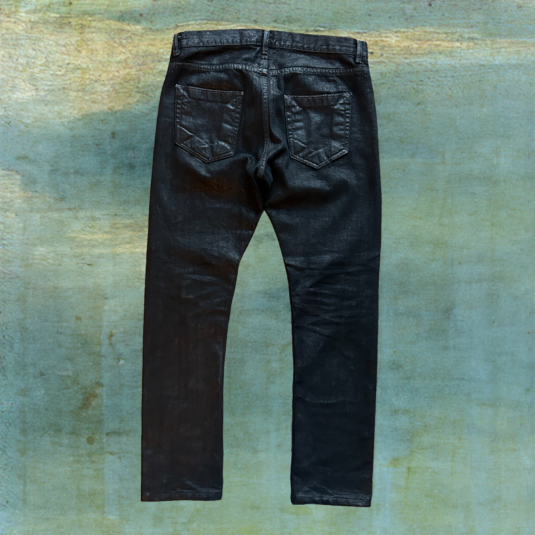 RICK OWENS DRKSHDW DETROIT CUT WAXED ‘BLACK SCRUB’ DENIM