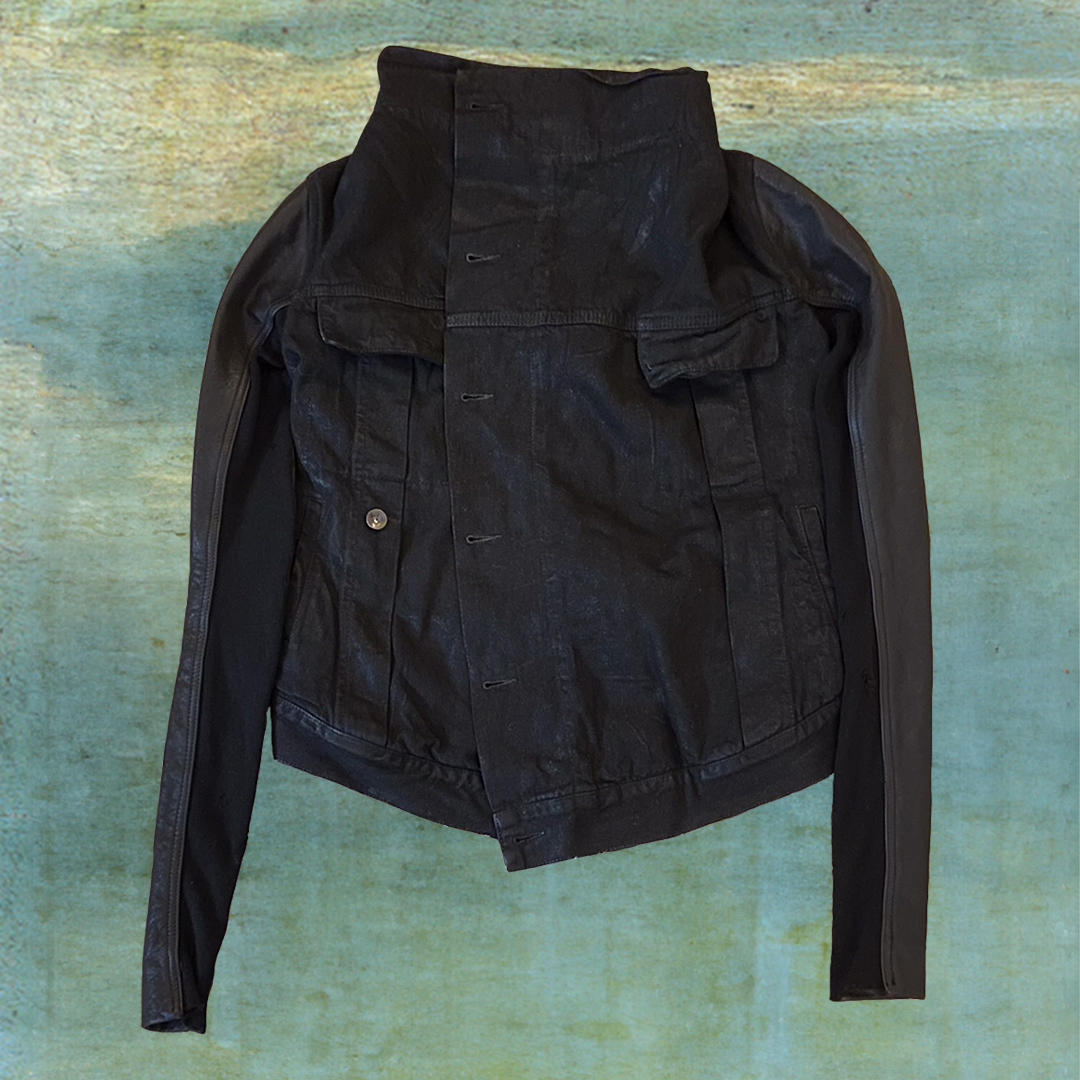 RICK OWENS OLMAR AND MIRTA WAXED ASYMMETRICAL DENIM JACKET