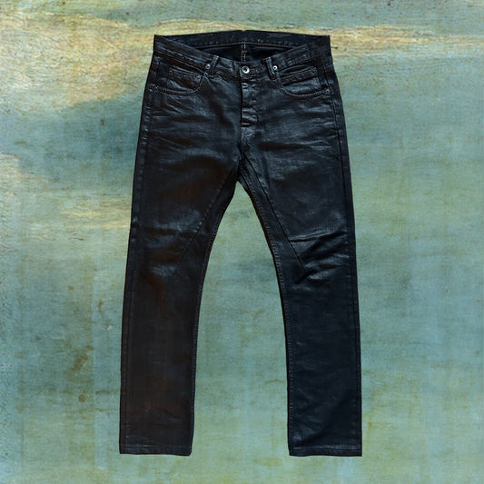 RICK OWENS DRKSHDW DETROIT CUT WAXED ‘BLACK SCRUB’ DENIM