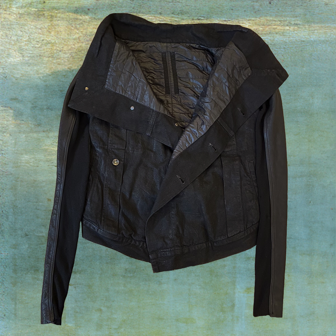 RICK OWENS OLMAR AND MIRTA WAXED ASYMMETRICAL DENIM JACKET