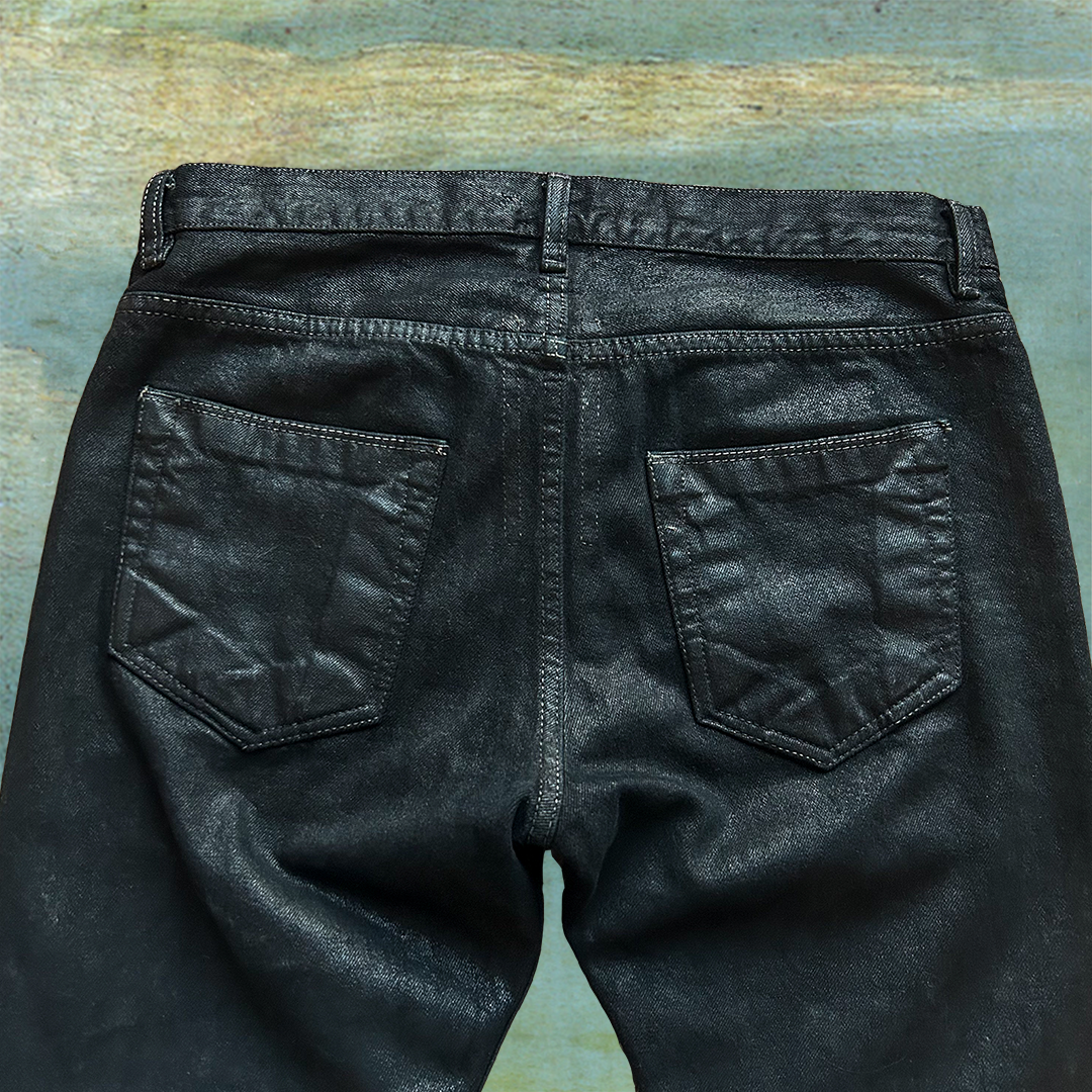 RICK OWENS DRKSHDW DETROIT CUT WAXED ‘BLACK SCRUB’ DENIM