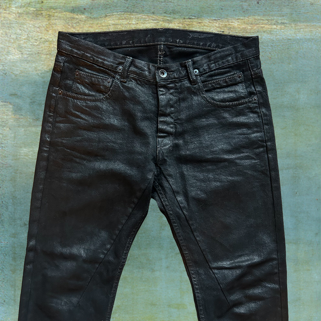 RICK OWENS DRKSHDW DETROIT CUT WAXED ‘BLACK SCRUB’ DENIM